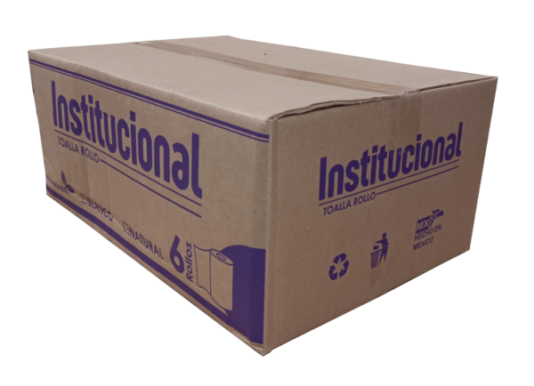 caja con paquetes de papel toalla rollo institucional para venta al mayoreo